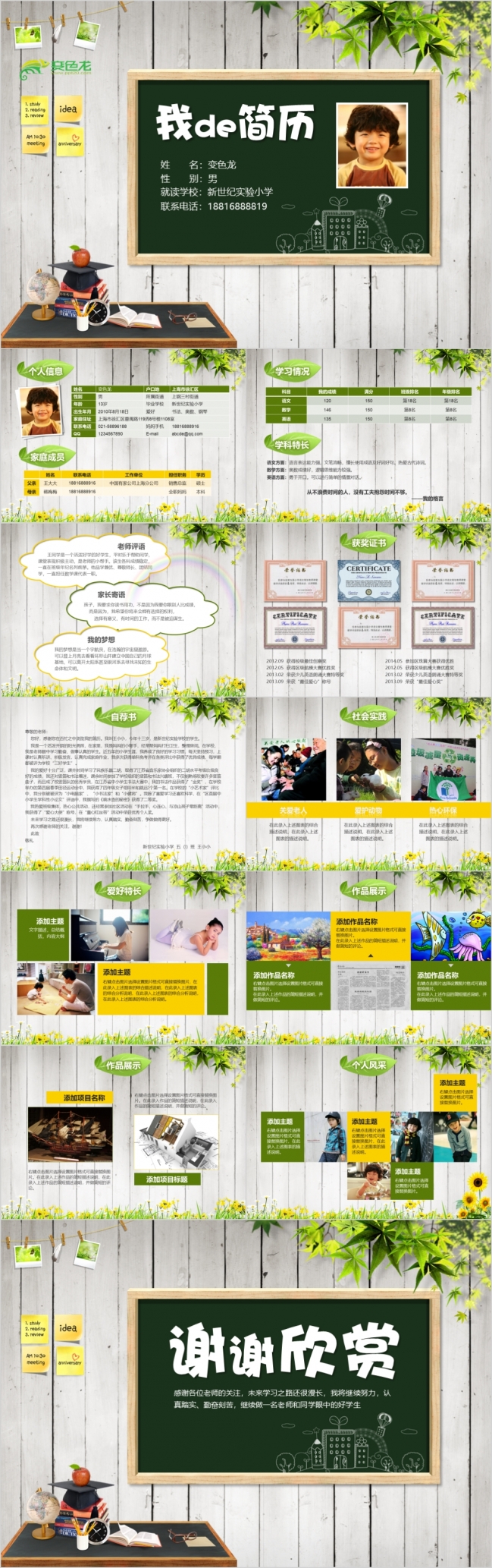 小升初学生自荐择校毕业班级竞选自我介绍简历板报风PPT模板