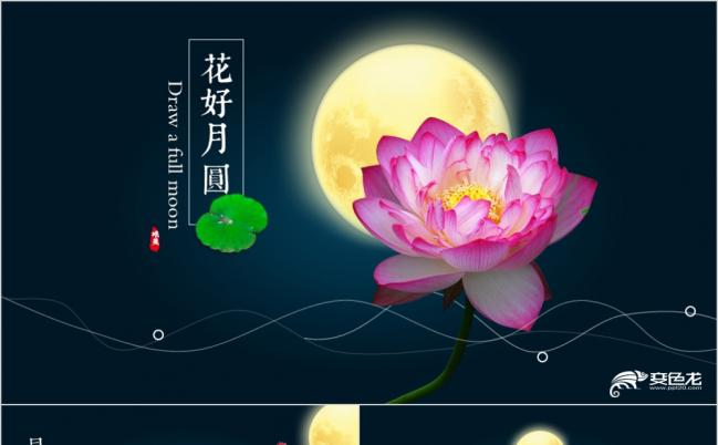 纯黑色背景花好月圆荷塘月色PPT模板缩略图