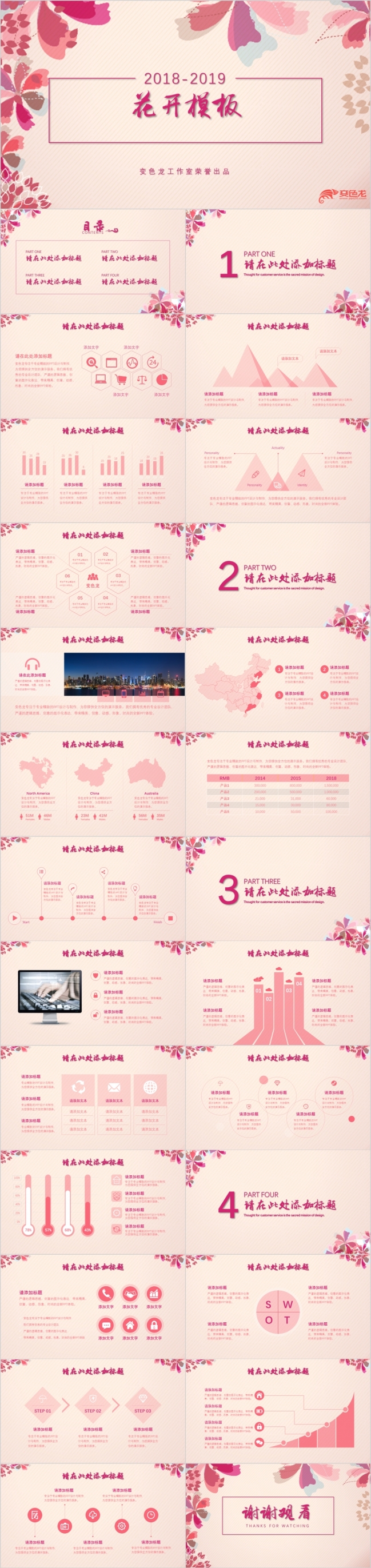 粉色花开工作计划总结个人述职PPT模板