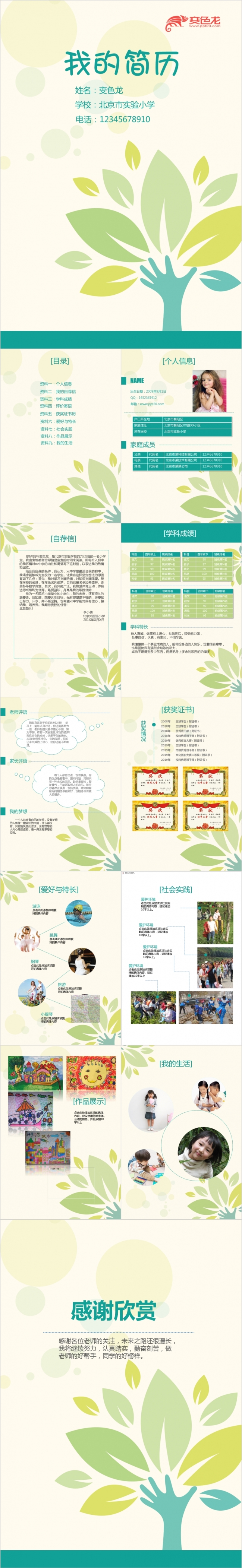 小升初个人简历择校班级竞选简历清新简约PPT模板