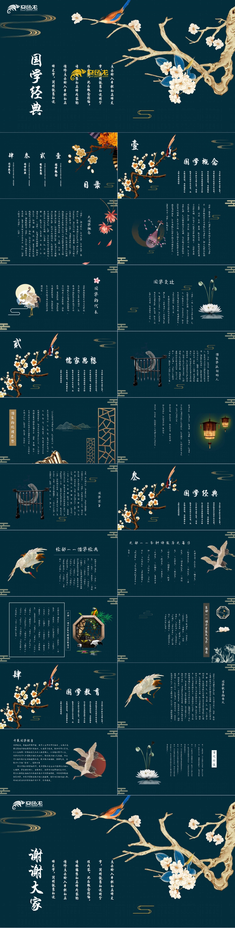 国学经典复古中国风国画花鸟画PPT模板
