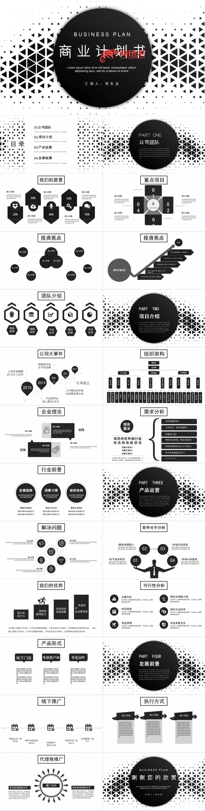 黑白创意几何商业计划书公司简介项目策划PPT模板