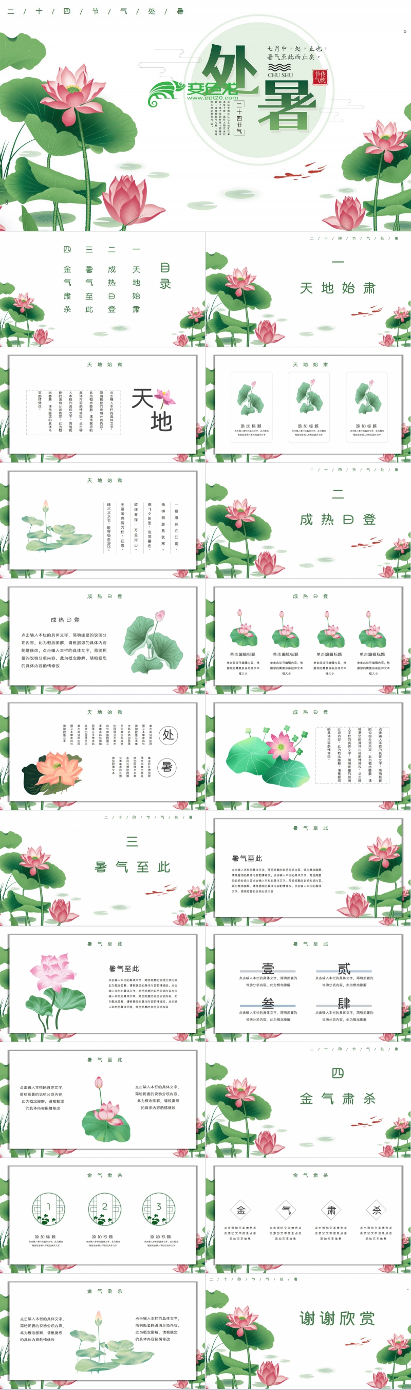 绿色清新荷花主题处暑节气介绍PPT模板