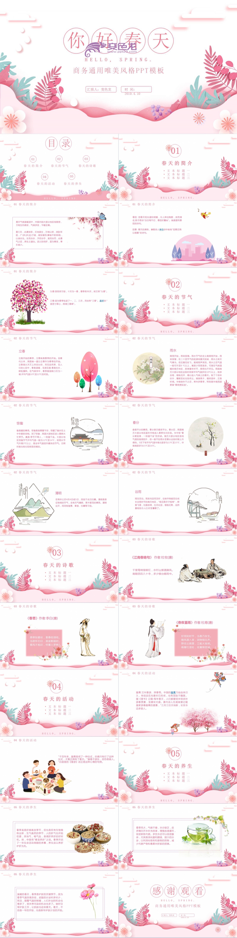 粉色唯美精致商务春天介绍通用PPT模板