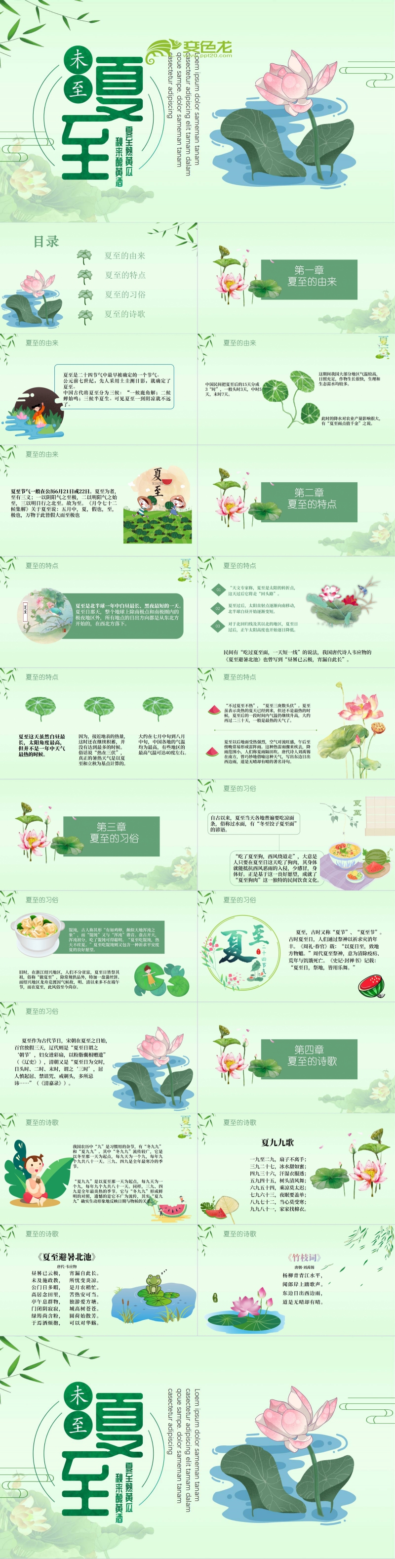 绿色清新唯美二十四节气夏至主题班会PPT模板