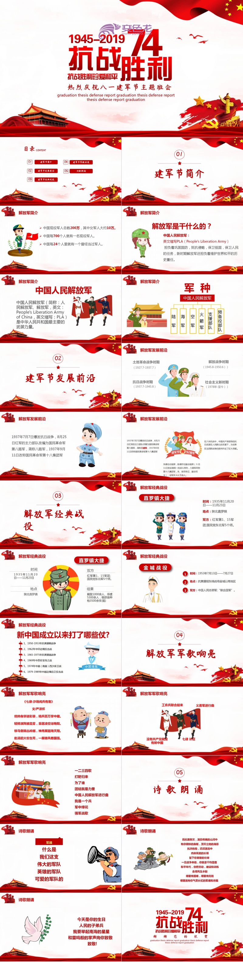 红色简洁热烈庆祝八一建军节主题班会PPT模板